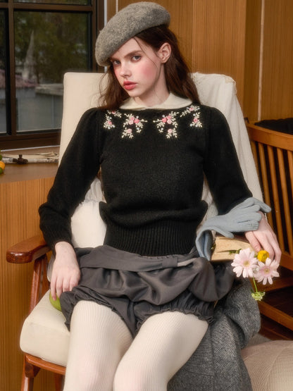 Hand-Embroidered Peter-Pan Collar Knit Top