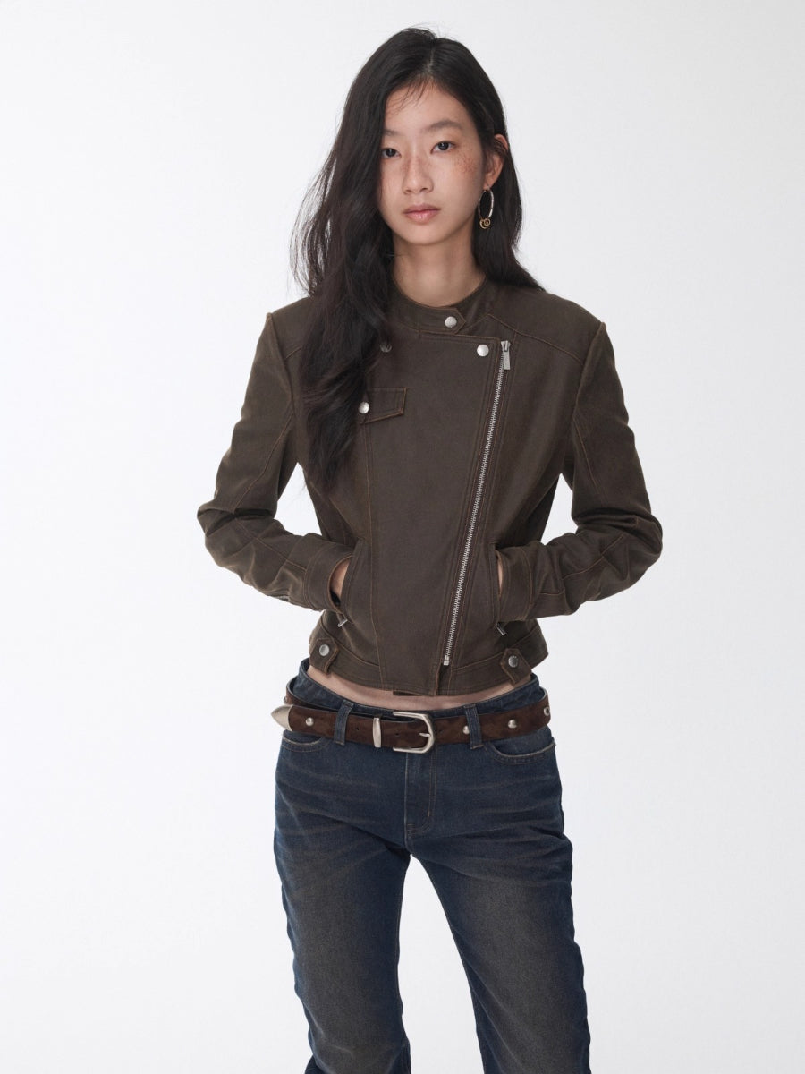 Vintage Washed Cracked Leather Fitted Moto Jacket
