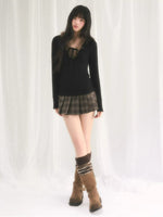 Faux Fur Trim V-Neck Knit Top