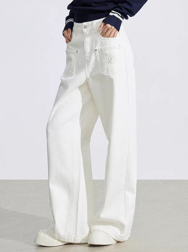 Beige Embroidered Pocket Jeans
