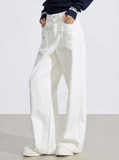 Beige Embroidered Pocket Jeans