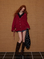 V-Neck Floral Tie Wool-Blend Knit Cardigan