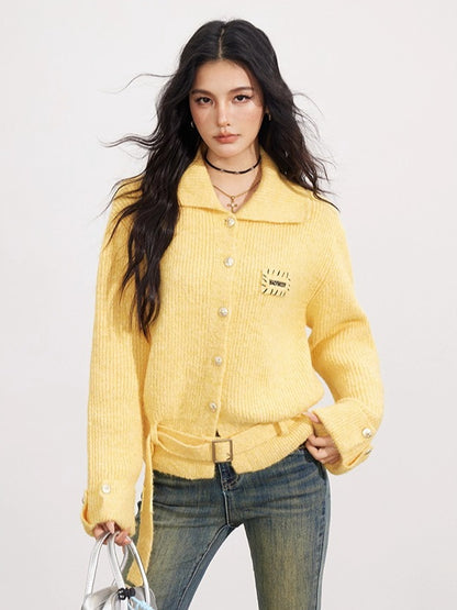 Collared Belted Knit Cardigan