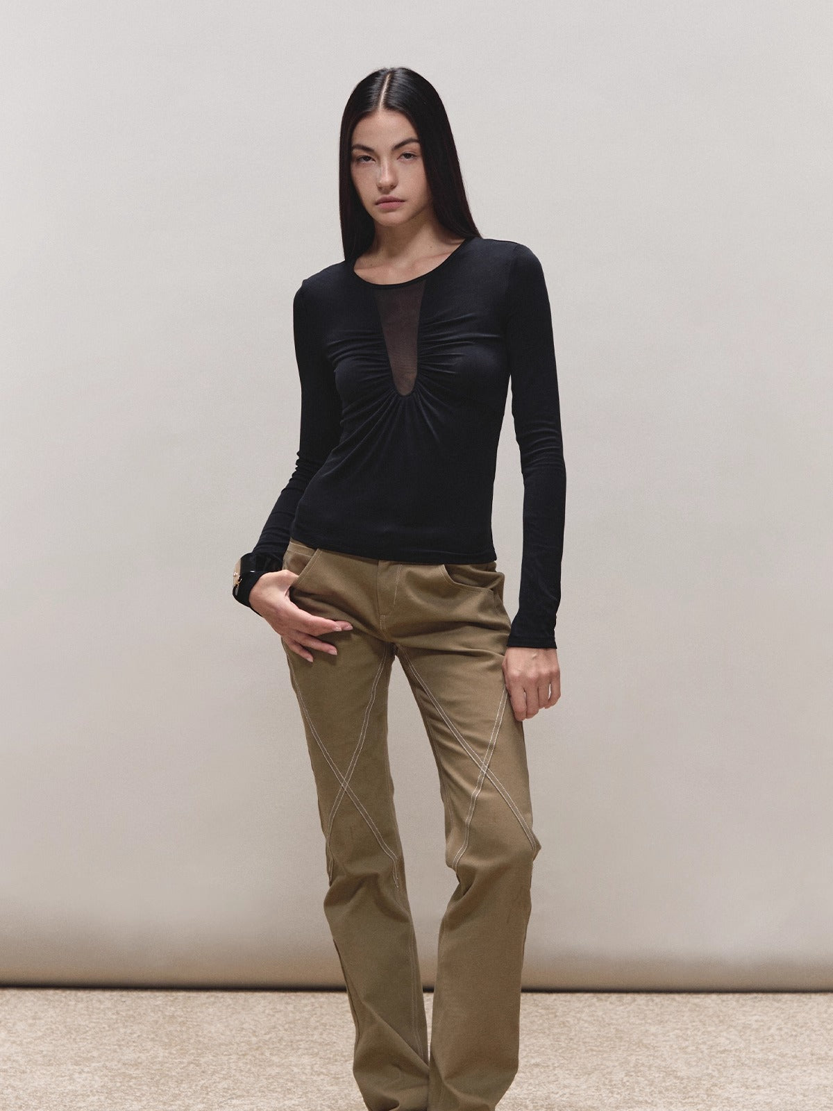 Tencel Ruched Mesh V-Neck Top