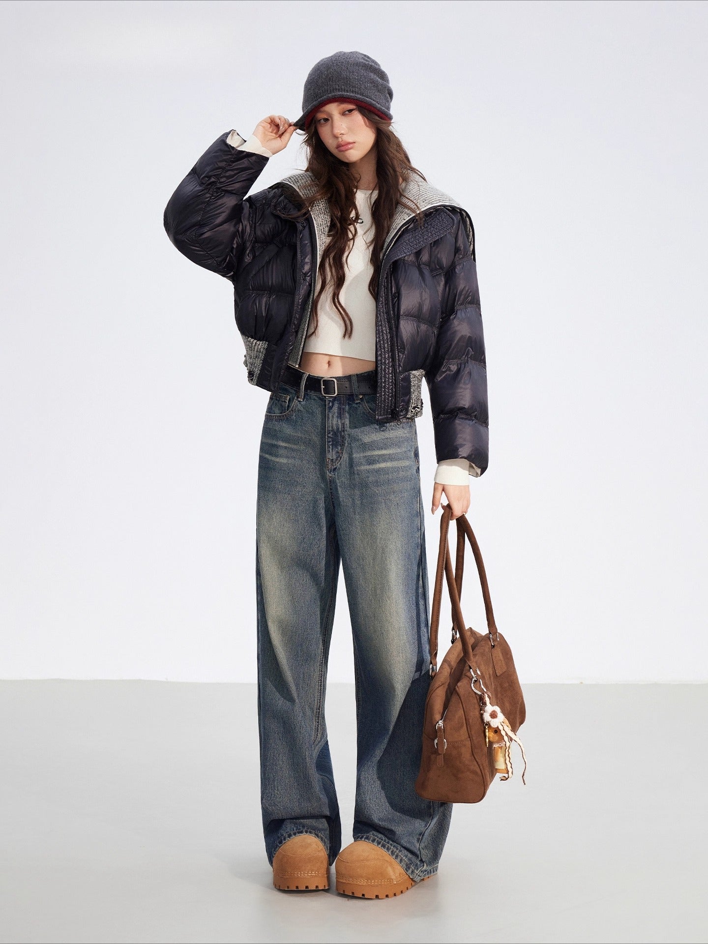 Reversible Knit Patchwork 90% White Duck Down Coat