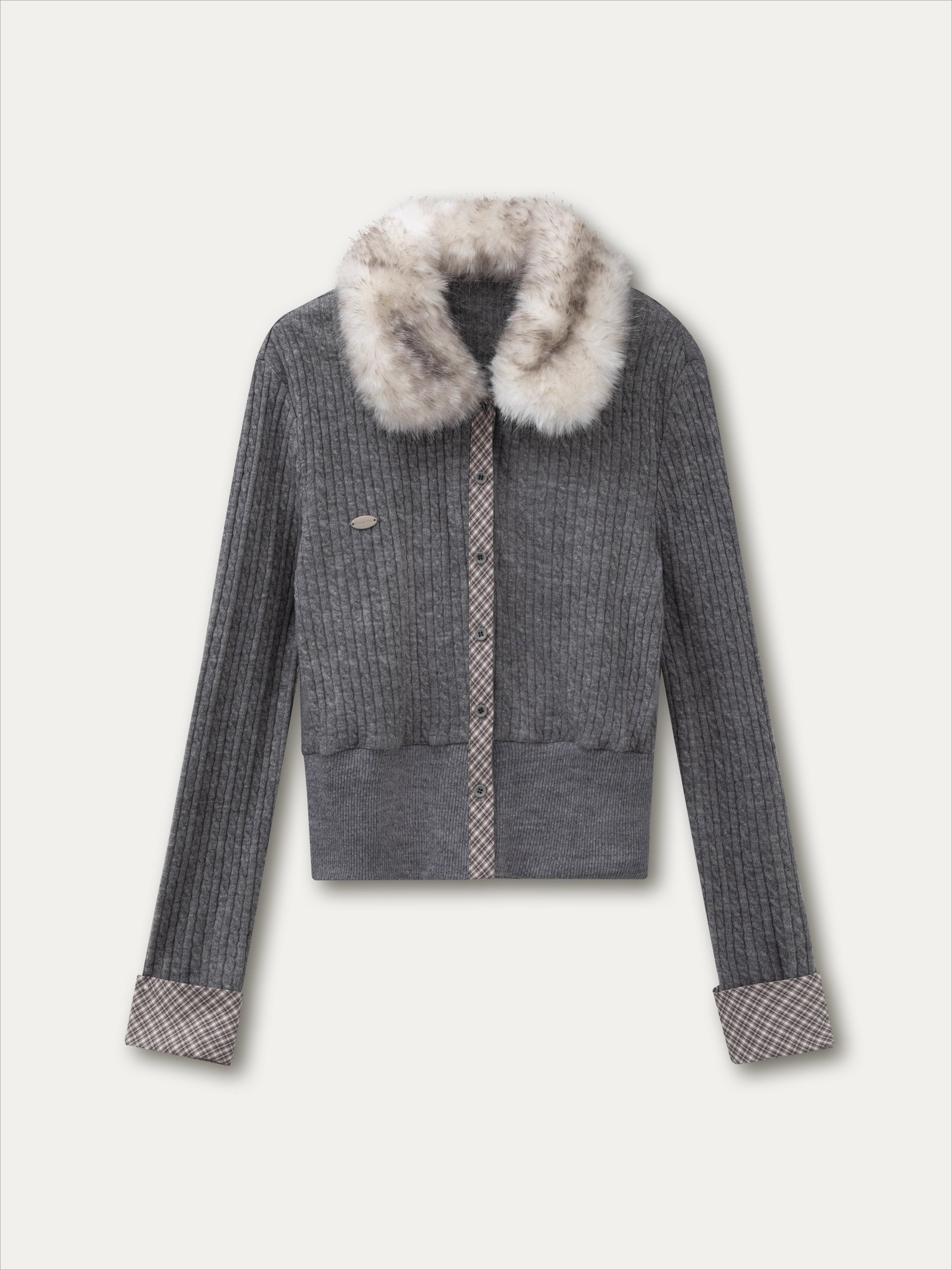 Fur-Collar Plaid Knit Cardigan