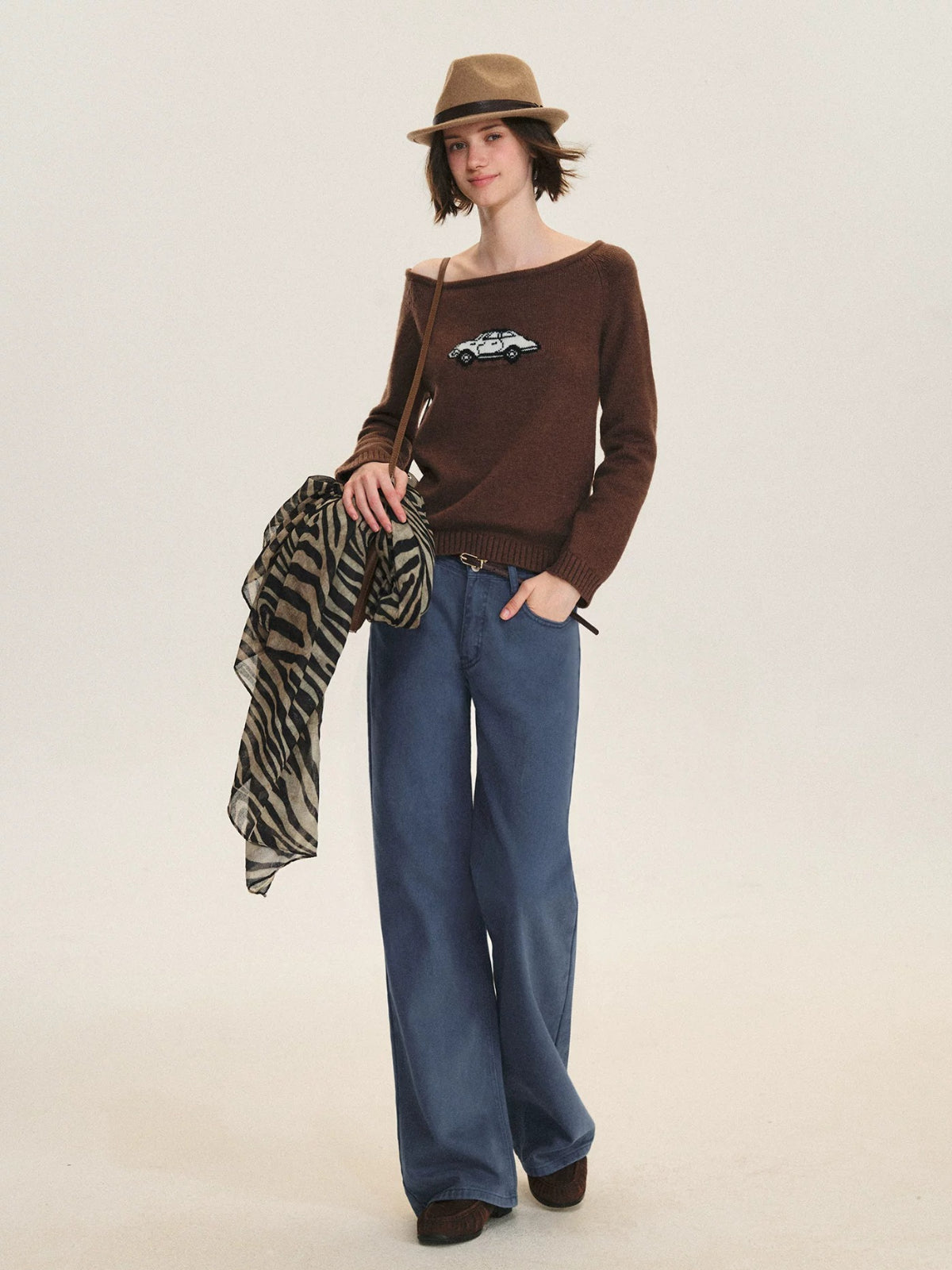 Car Motif Off Shoulder Sweater