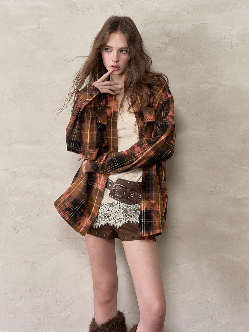Oversized Plaid Studded Shirt