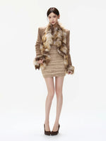 Gradient Fur Collar Suede Cropped Coat