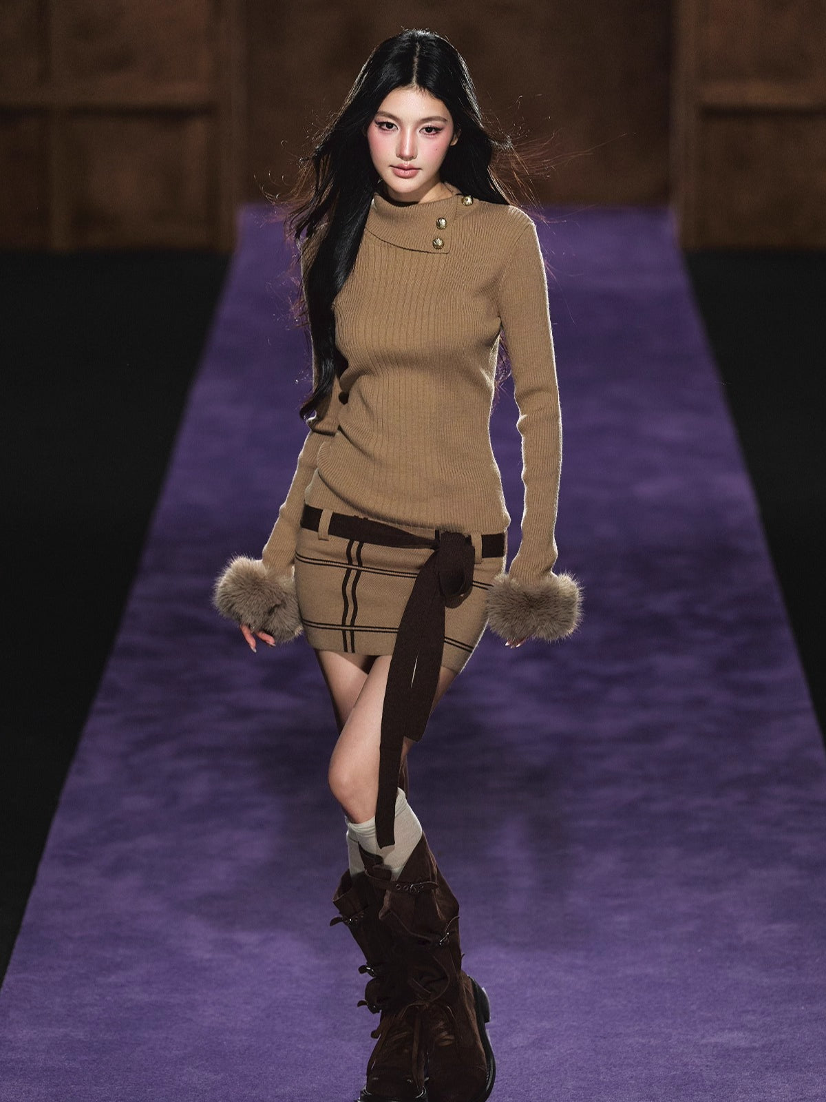 Turtleneck Fuzzy-Cuff Knit Dress