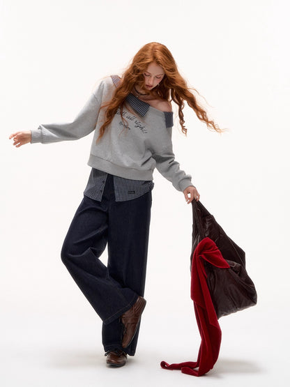 Plaid Patchwork Faux Two-Piece Straight-Leg Jeans