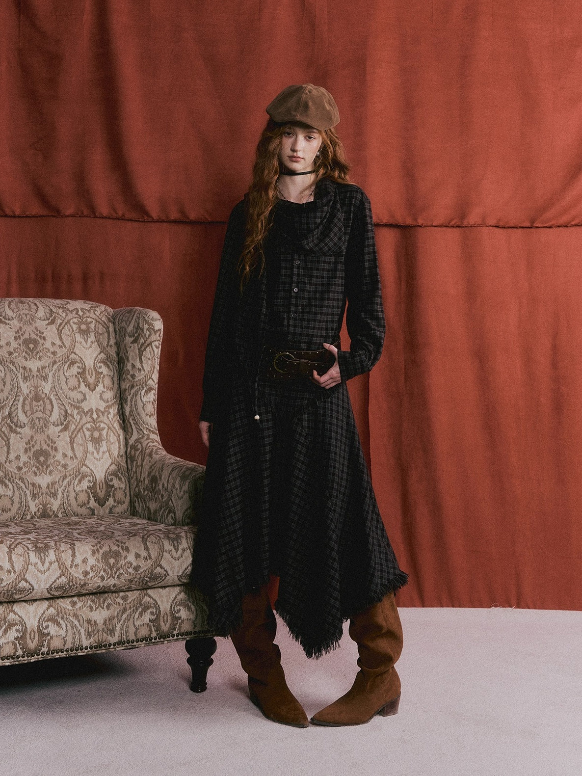 Vintage Plaid Beaded Tie-Scarf Shirt