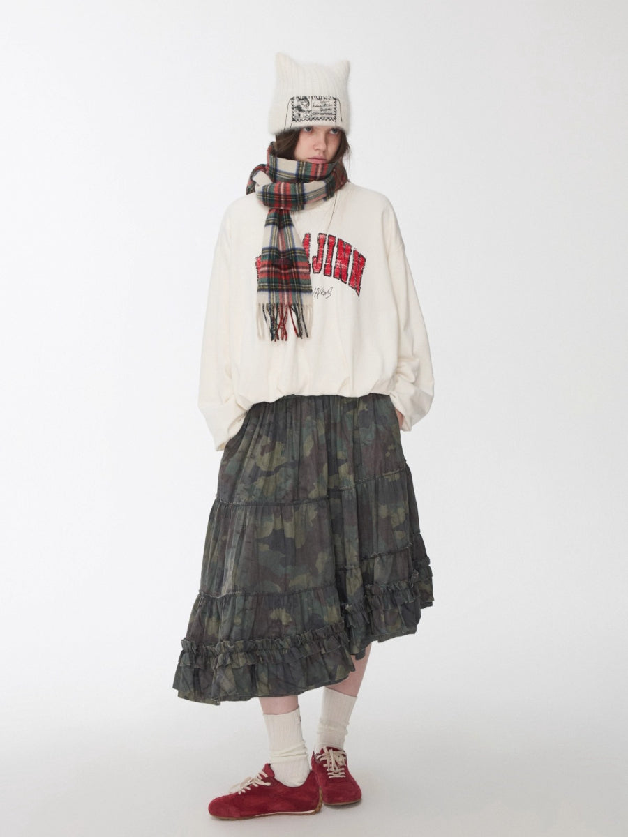 Camouflage Frayed Ruffle Layered Skirt