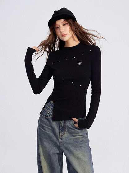 Irregular Slit Knit Long-sleeve Top