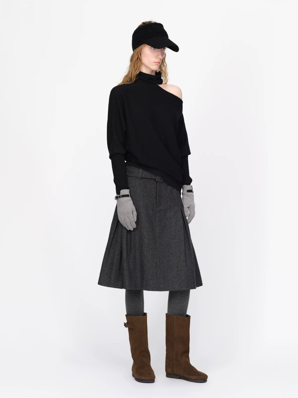 Wool Belted A Line Pleated Skirt