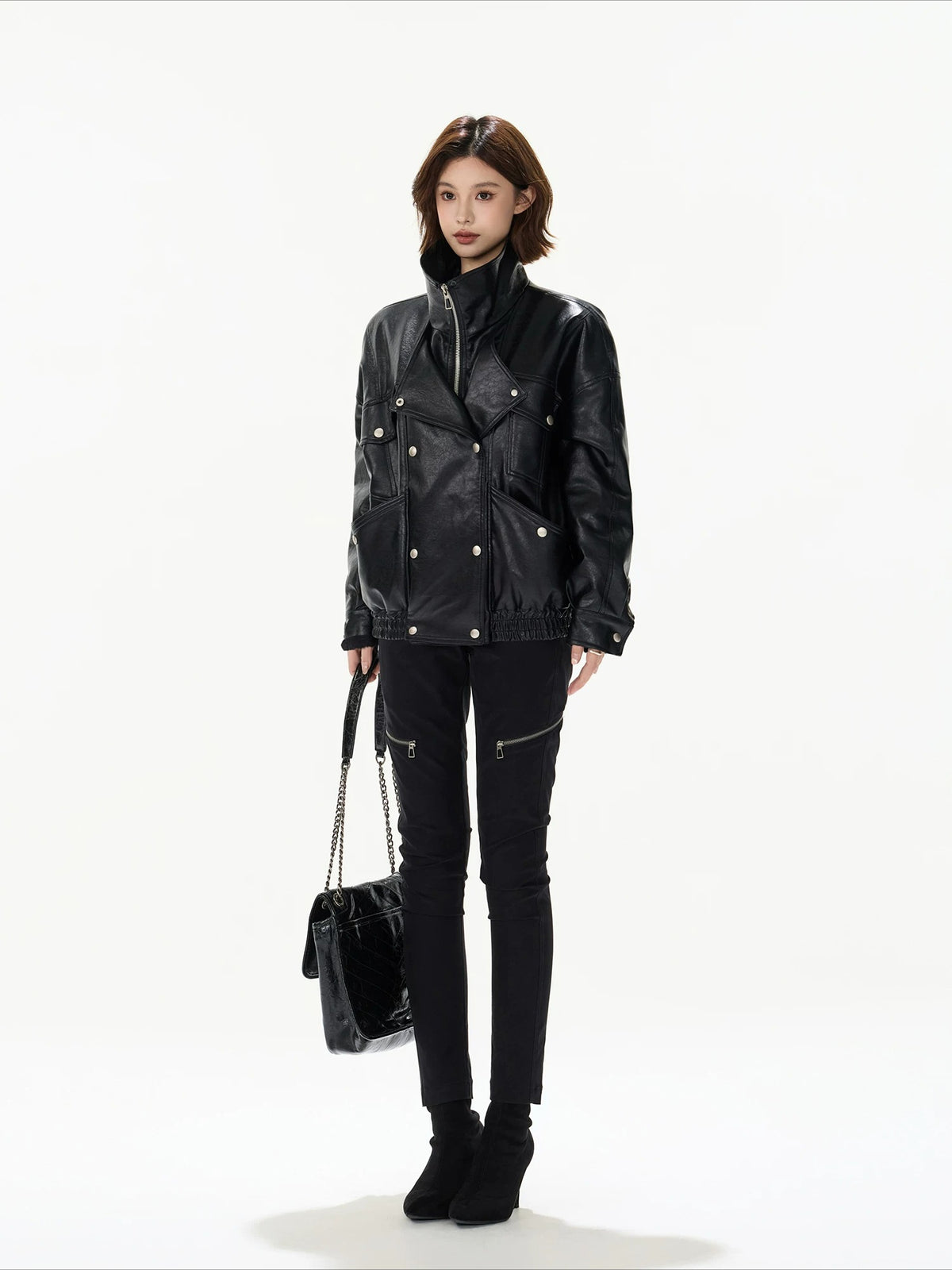 Oversized Double-Breasted PU Leather Jacket