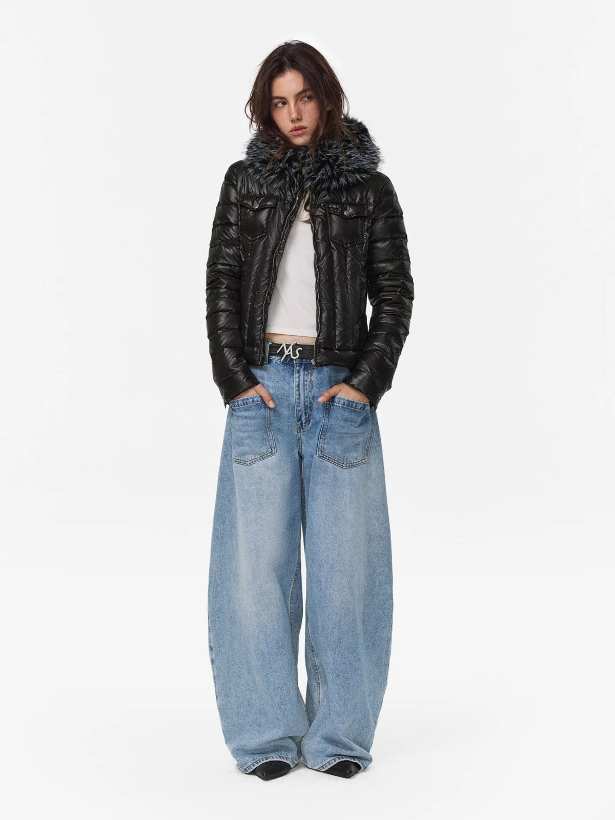 Denim Trim Fur-Collar Down Jacket