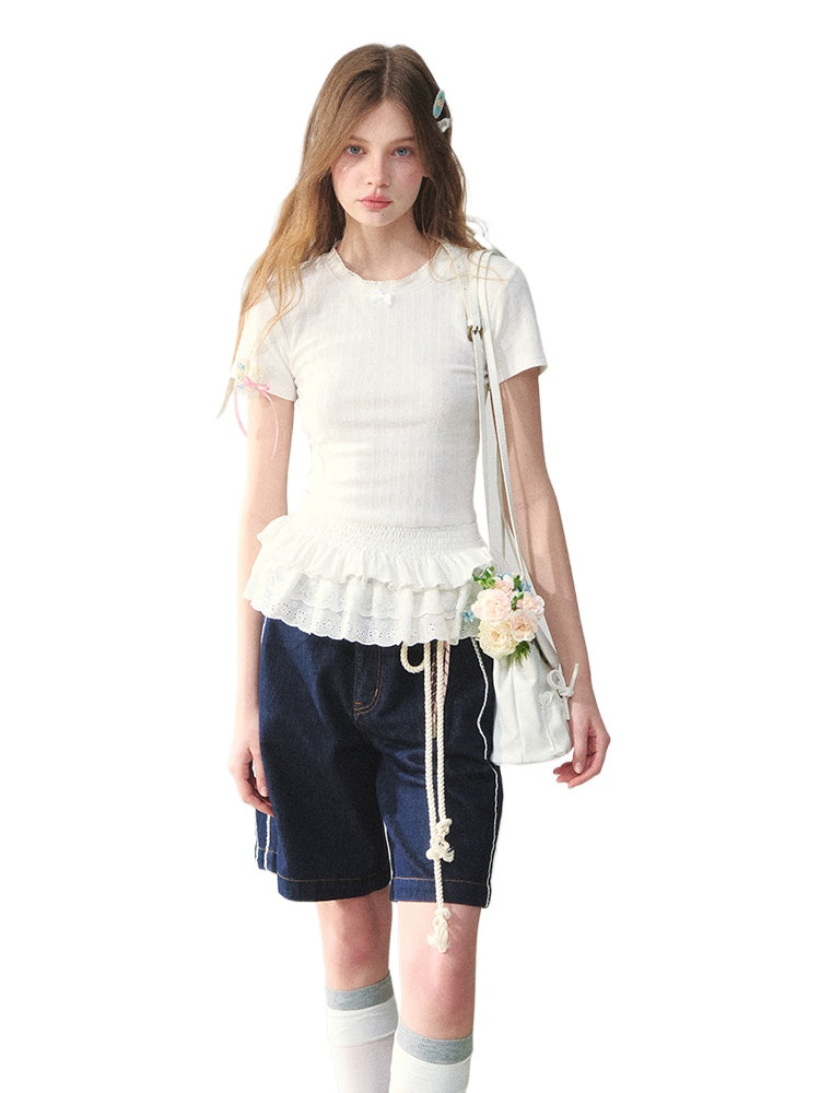 White Lace-hem Short-sleeve T-shirt