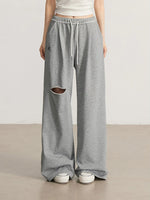 Gray & Beige Distressed Wide-Leg Pants