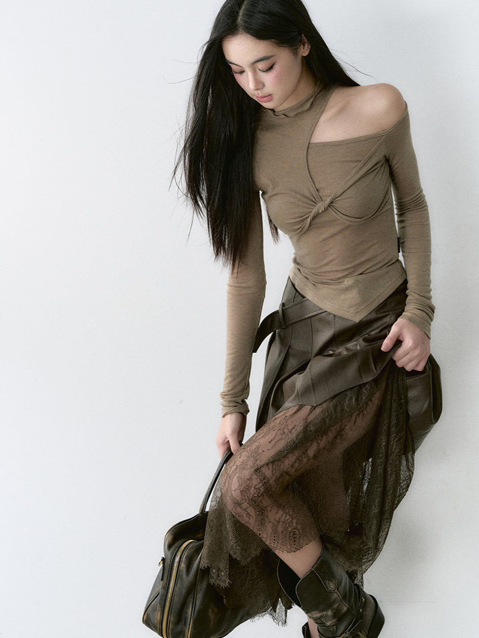 Coffee &amp; Black Lace-paneled PU Leather Skirt