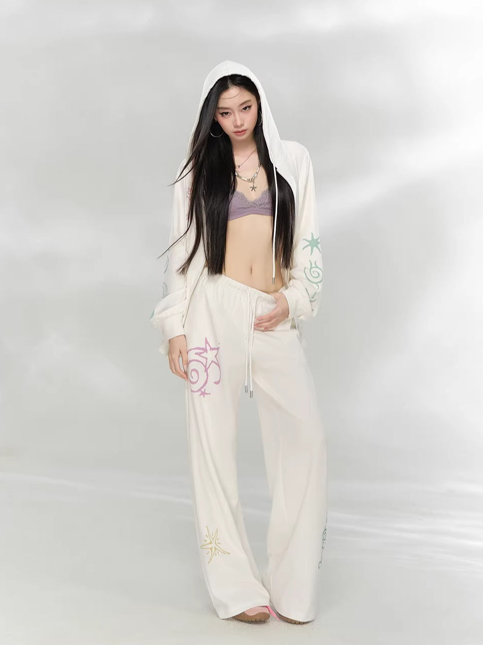 Green &amp; Beige Printed Hoodie Set