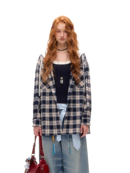 Vintage Plaid Studded Hooded Shirt