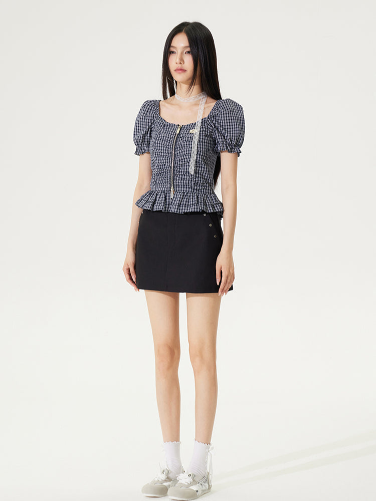 Puff Sleeve One-Word Collar Plaid Top