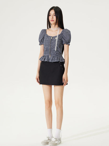 Puff Sleeve One-Word Collar Plaid Top