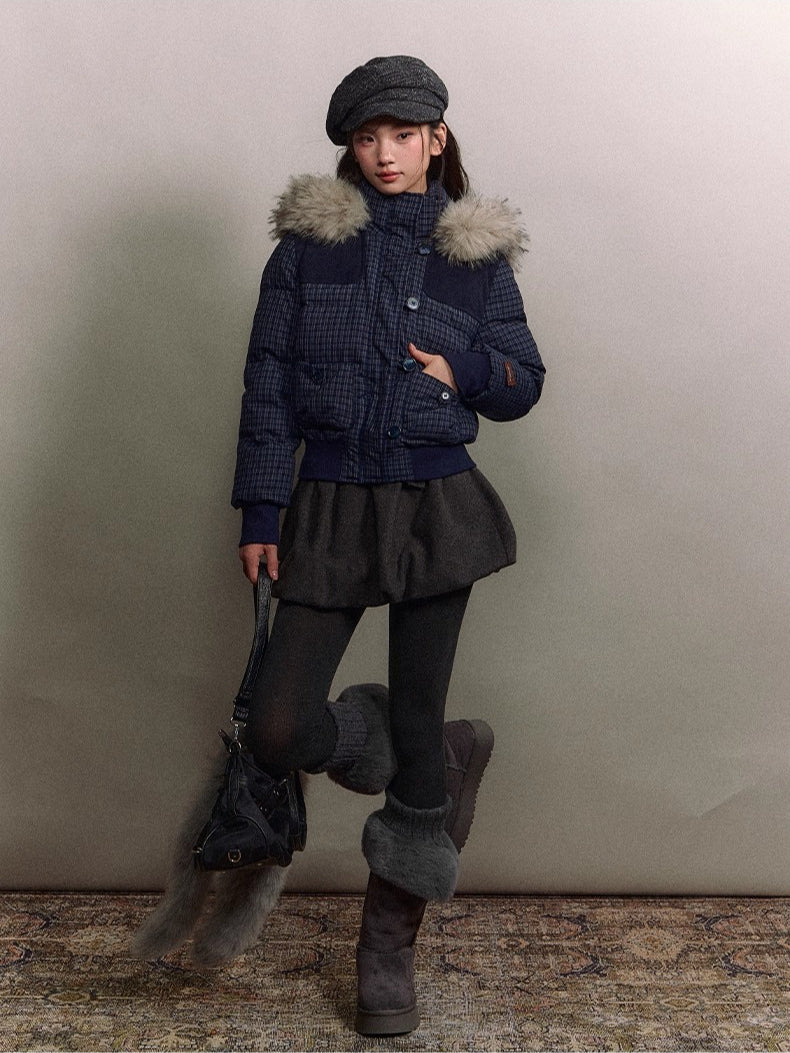 Faux Fur Collar Plaid Down Jacket