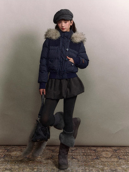Faux Fur Collar Plaid Down Jacket