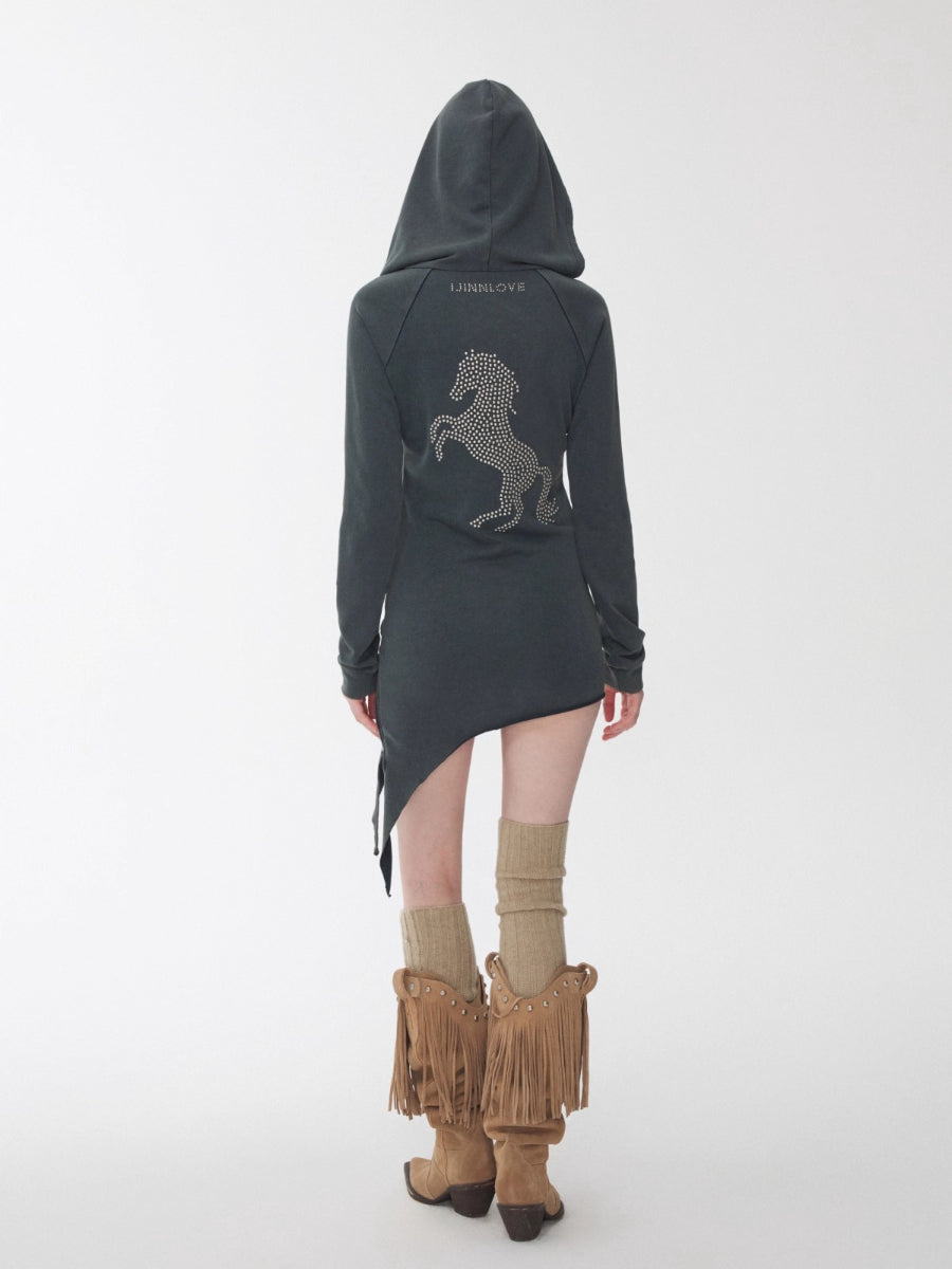 Rhinestone Studded Deconstructed Hoodie Dress