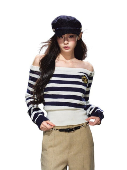 Off-Shoulder Sailor Stripe Sweater