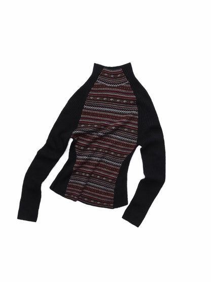 Fair Isle Turtleneck Raglan Sleeve Colorblock Knit Base Layer