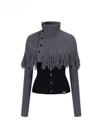 Color-Block High Neck Knit Top & Fringe Cape Set
