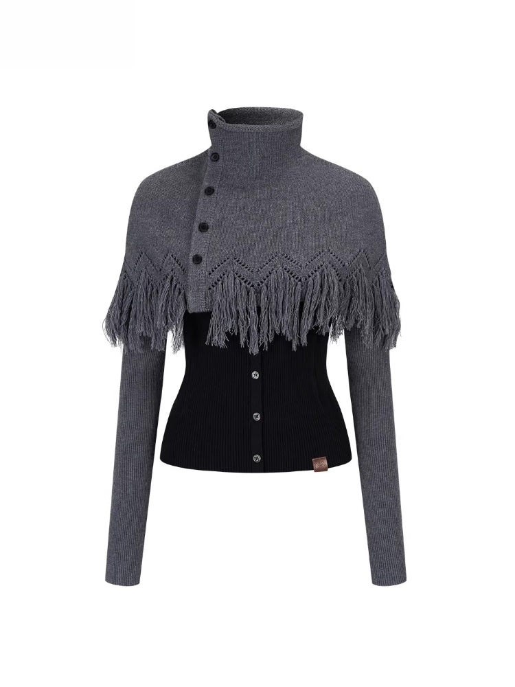 Color-Block High Neck Knit Top &amp; Fringe Cape Set