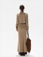 Khaki Draped High-neck Dress