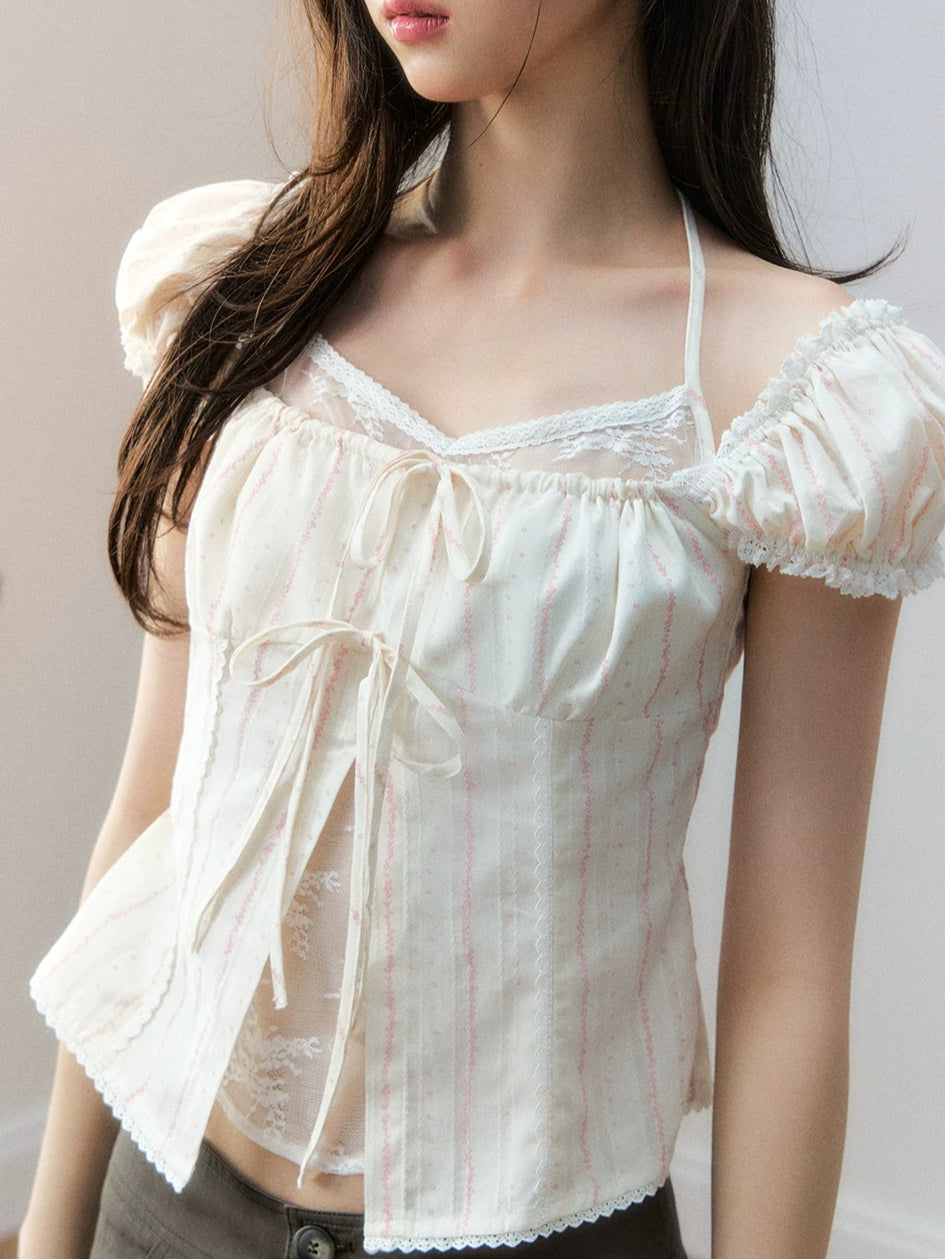 Layered Lace Bow Puff Top