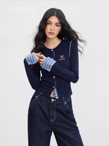 Navy Plaid Embroidered Knit Top