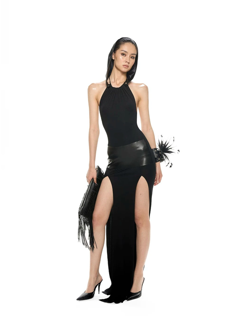 Detachable Hood Halter Maxi Dress