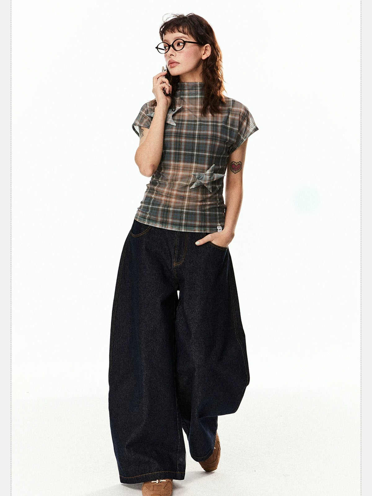 Vintage Plaid Mesh Short Sleeve Top