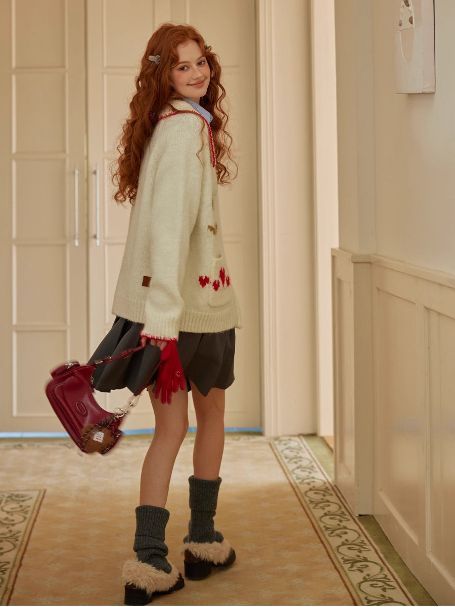 Contrast-Trim Horse Jacquard Knit Zip Cardigan