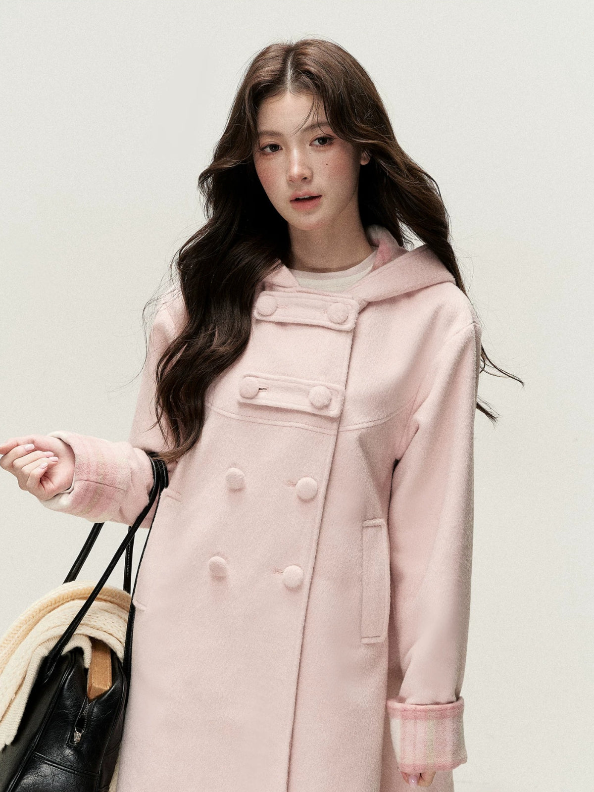 Plaid-Trim Hooded Double-Breasted Coat