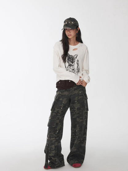 Distressed Cat Graphic Long Sleeve Cotton T-shirt
