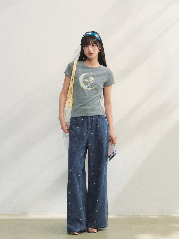 Grey Printed Slim-Fit Knit T-Shirt