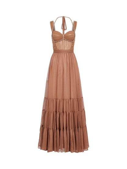 Tia Beaded Crochet Pleated Mesh Halter  Dress