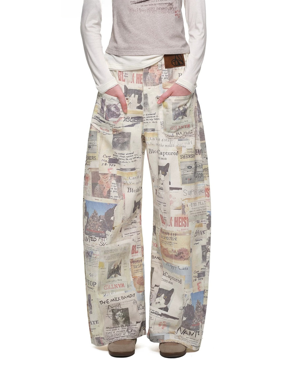 Cat Newspaper Print Canvas Pants