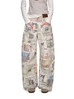 Cat Newspaper Print Canvas Pants