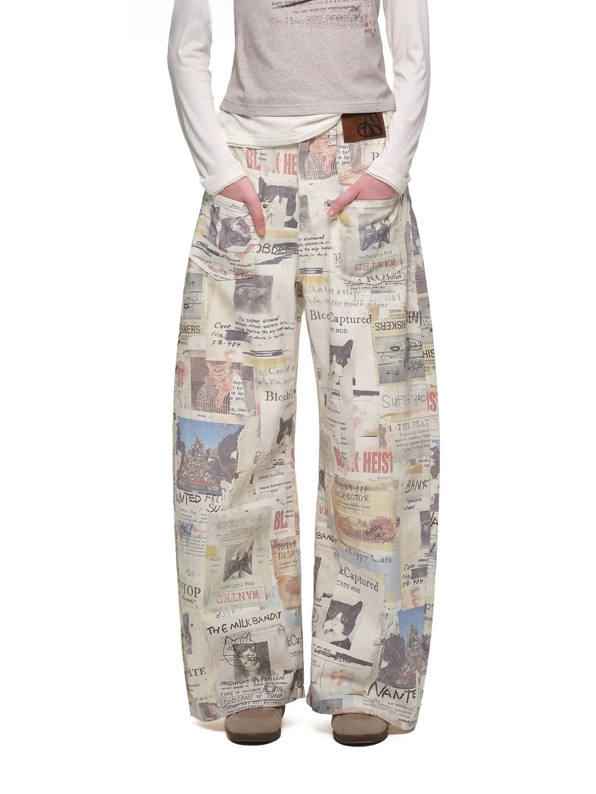Cat Newspaper Print Canvas Pants