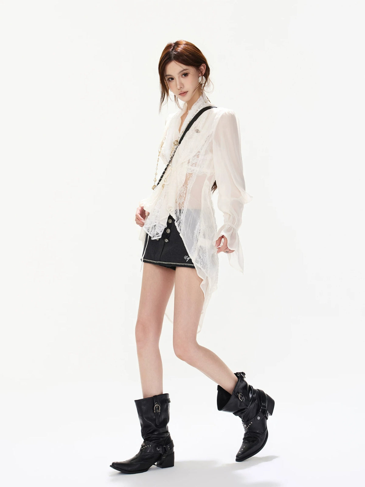 French Lace Chiffon Tie Waist Blouse