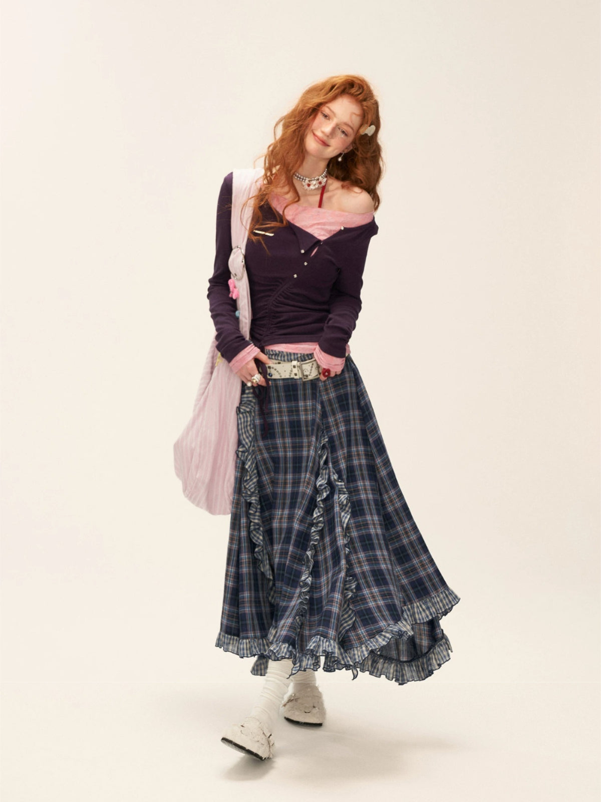 Asymmetric Ruffle Plaid Midi Skirt